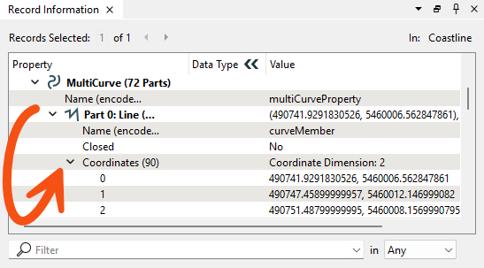 Viewing Line coordinates in the Record Information Window